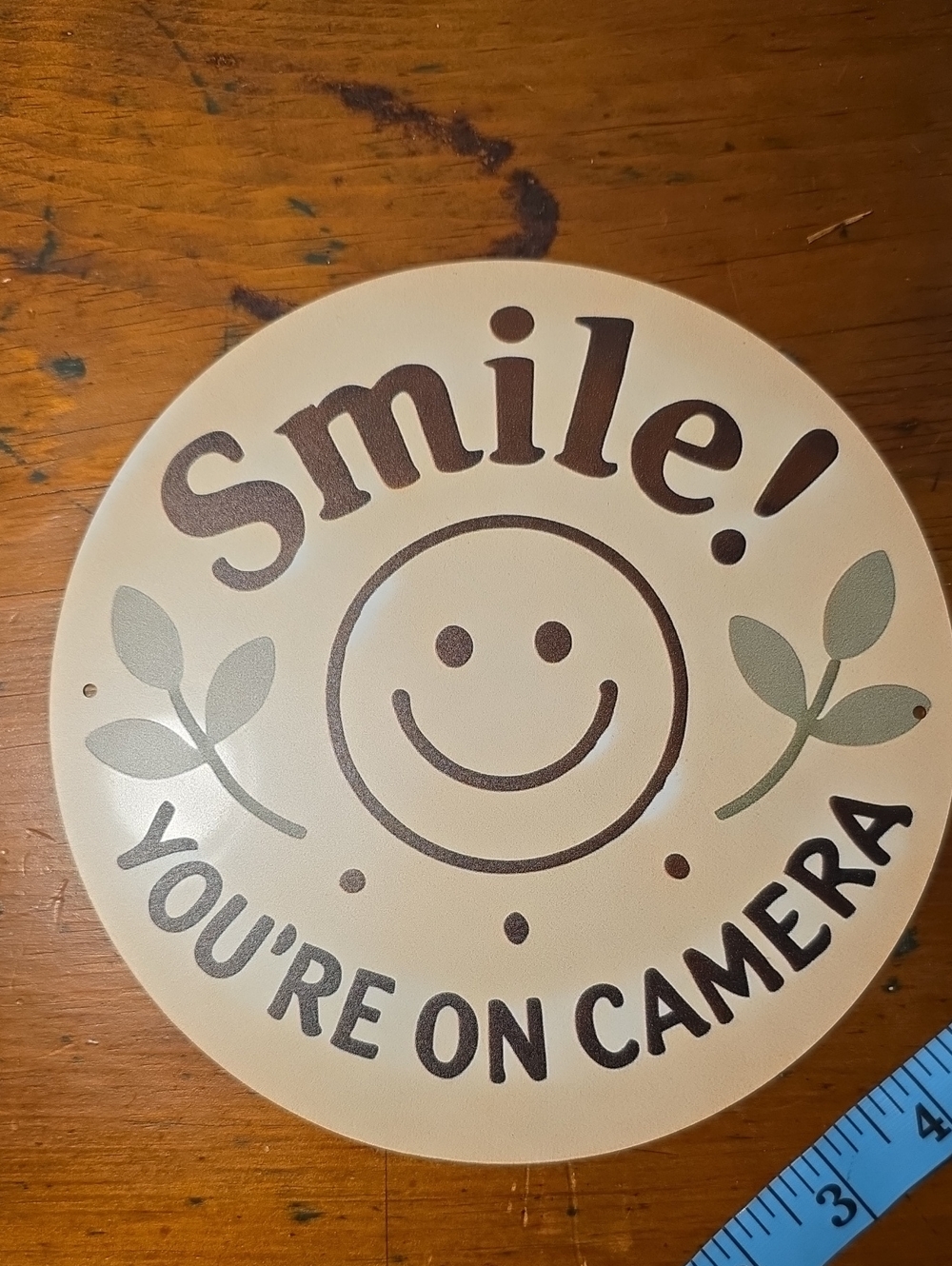 Smile! You’re On Camera Round Sign - Cream & Brown